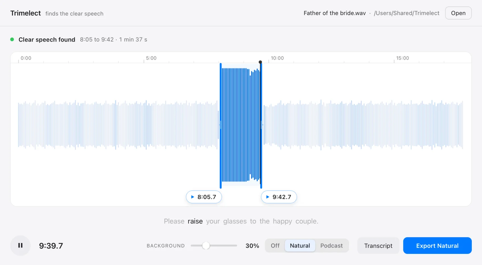 Trimelect with a speech recording open, the clear speech found and marked and the transcript running under the timeline